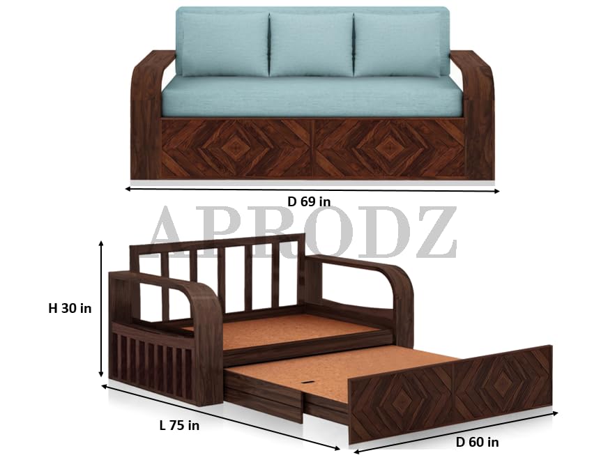 Sheesham Wood Sofa Cum Bed, 3 Seater, with Blue Upholstery, Diamond Pattern Design (75 x69 x30 Inch)