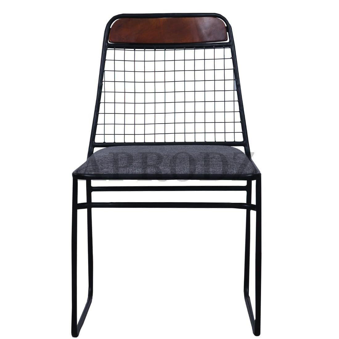 Halki Mango Wood and Metal and Upholstered Dining Outdoor Restaurant Chair Set for Home | Set of 2 Chair | Light Grey Fabric + Teak + Black Powdercoated Finish