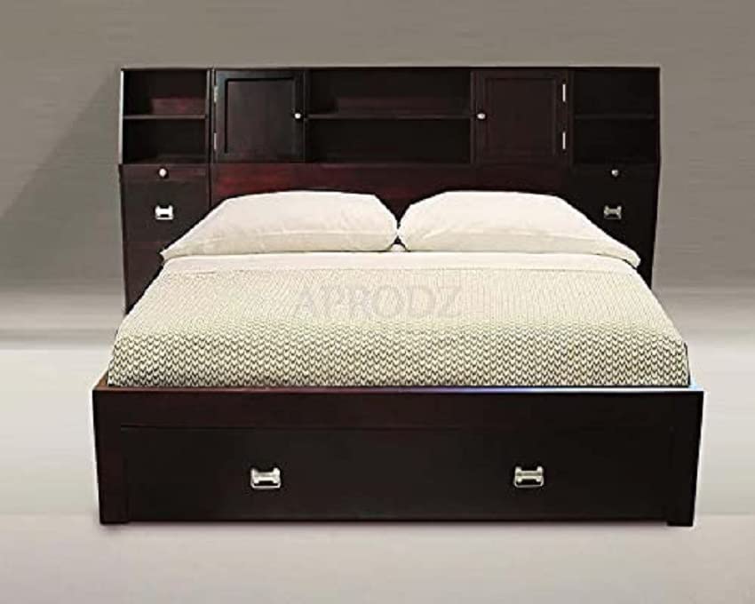 Solid Wood Storage Queen Size Trapez Bed and 2 Side Table for Bedroom Stylish | Mohogany Finish