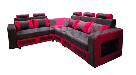 L-Shaped Sectional 6-Seater Sofa with Coffee Table Padded Armrest Perfect Fabric Corner Sofa for Guests Living Room, Drawing Room, Office & Lounge (Grey/Red)