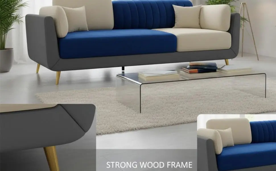 Luxelle Modern Sofa 3 Seater Velvet Removable Covers Sofa Set with Tufted Backrest Couch Cushioned Seating Tipped Wooden Legs Couch for Living Room & Lounge (Navyblue/Grey)