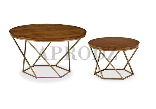 APRODZ Stylish Round Coffee Table Set | 2-Piece Nesting Tables with Sturdy Geometric Design & Gold Metal Frame for Home & Living Room (Gold & Antique Brown)