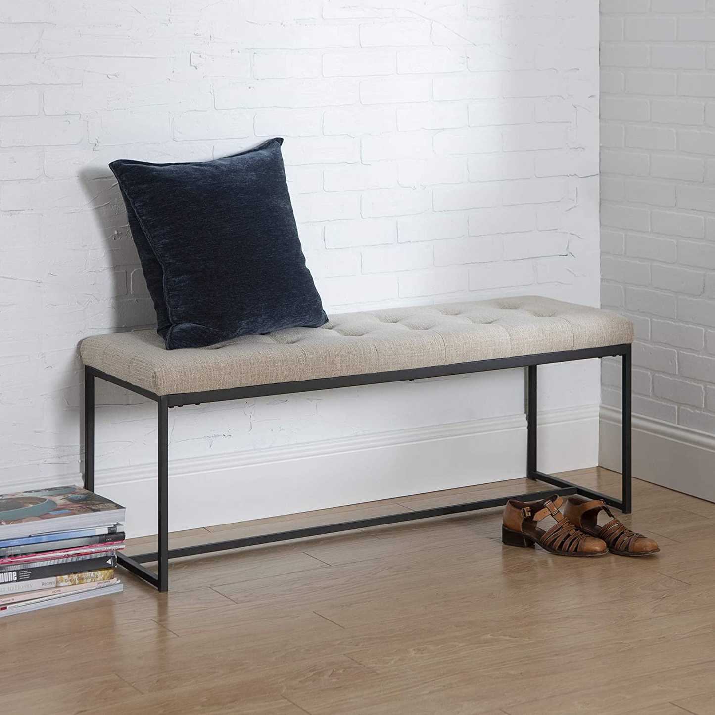 Modern Tufted Upholstered Cushion and Metal Seating Bench Ottoman