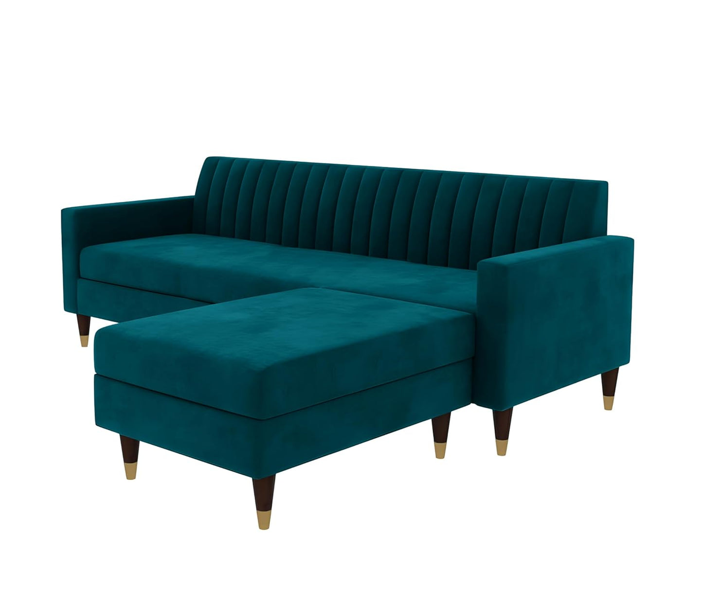 APRODZ Velora L-Shape Velvet Sectional Sofa in Teal – Right Hand Chaise, Tufted Back, Mid-Century Modern Design with Gold-Tipped Legs | Living Room Furniture