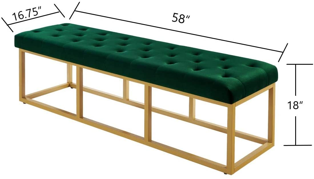 Tufted Long Upholstered Velvet and Metal Bench