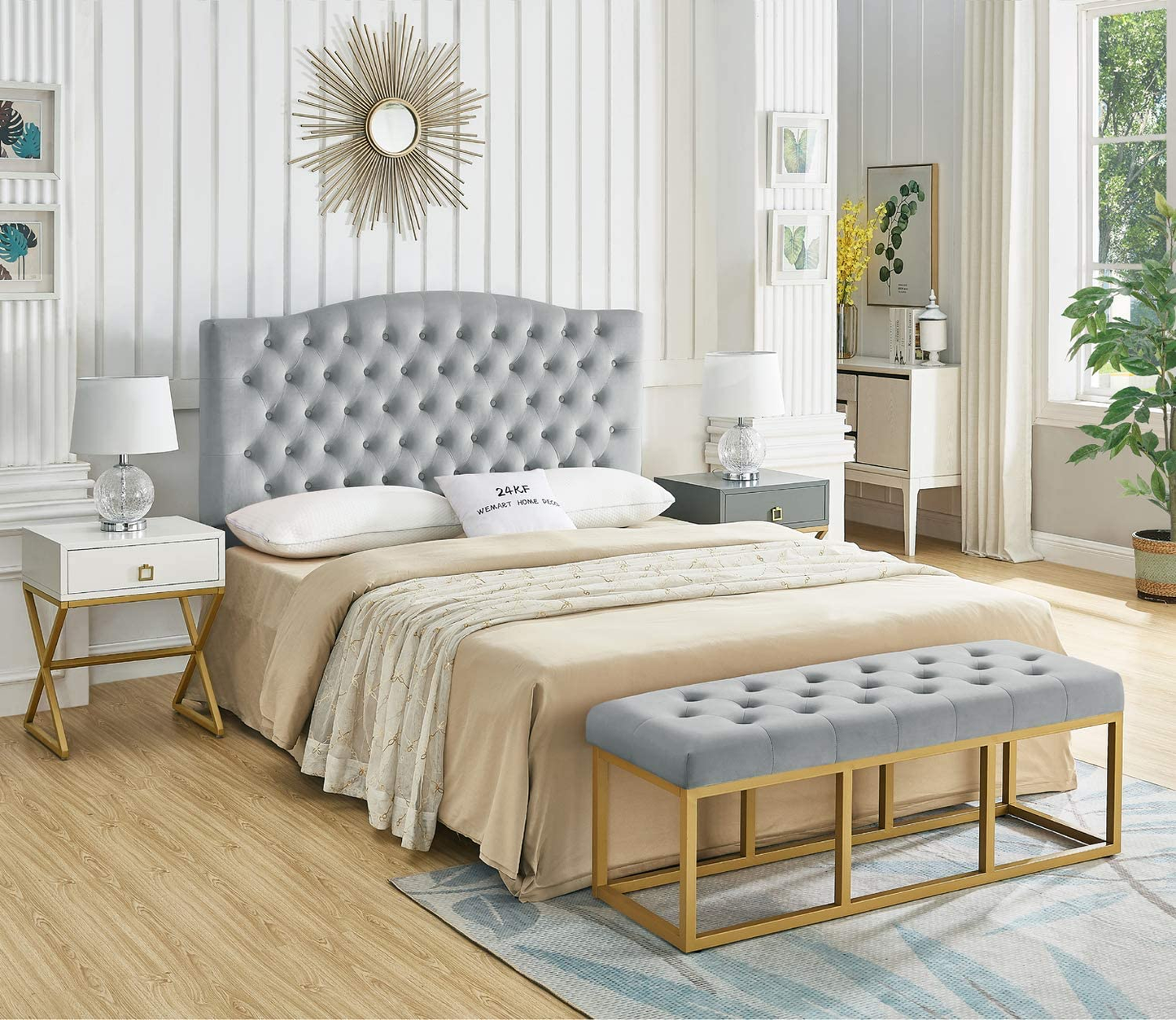 Tufted Long Upholstered Velvet and Metal Bench