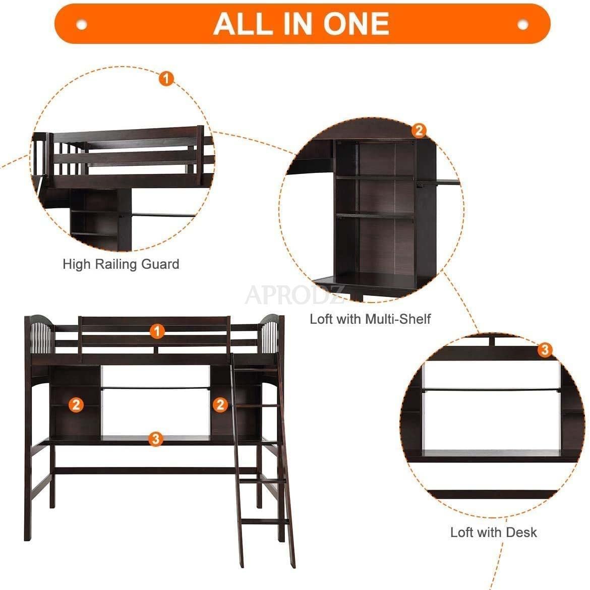 Acelea Twin Loft Mango Wood Bunk Bed with Desk Espresso Finish