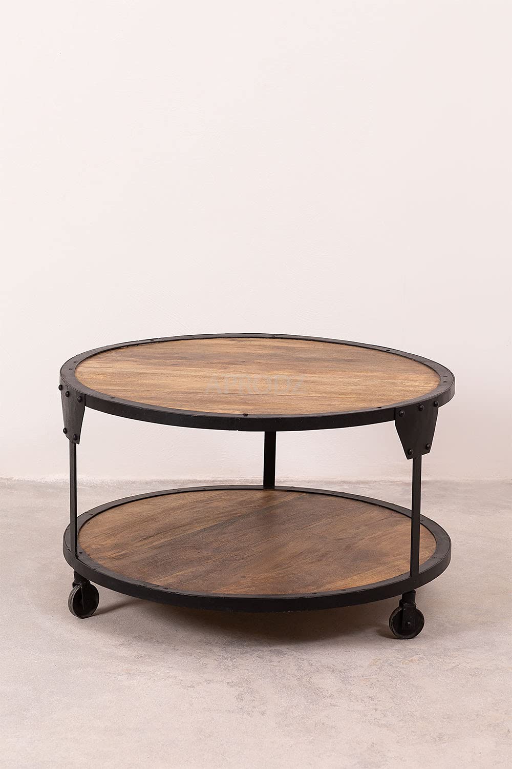 Round Solid Wood Top and Metal Base Wire Type Coffee Table (Mango Wood - Natural + Black Powder Coated)