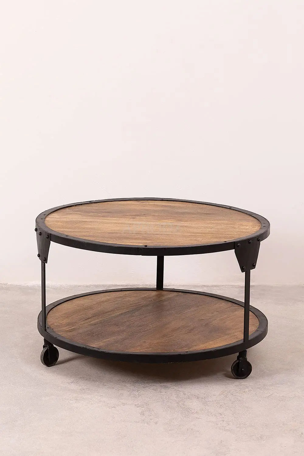Round Solid Wood Top and Metal Base Wire Type Coffee Table (Mango Wood - Natural + Black Powder Coated)
