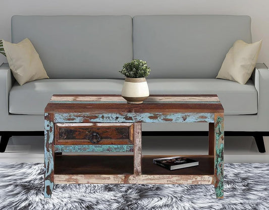 DeStress Solid Sheesham Wood Coffee Table | Versatile Center Table for Living Room, Bedroom, Hall & Home with Distress Finish