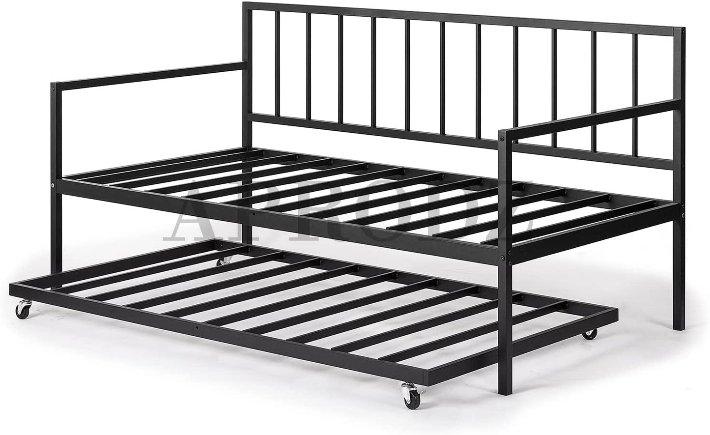 APRODZ Suniz Twin Size Metal Daybed with Trundle Bed, (Mattress Included-Metal - Black Powdercoated)
