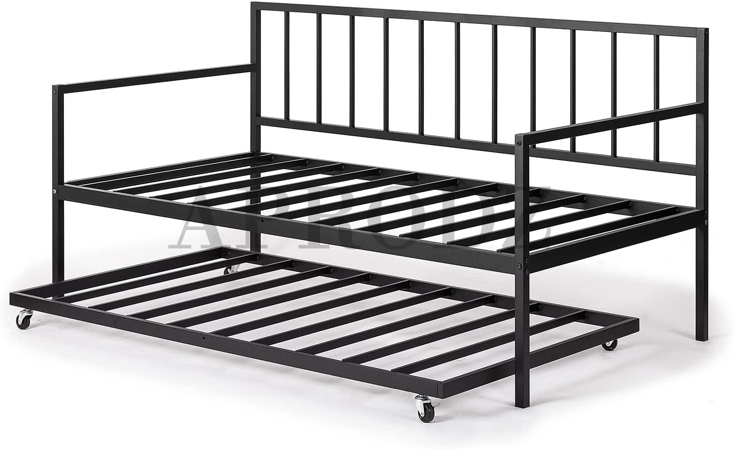 APRODZ Suniz Twin Size Metal Daybed with Trundle Bed, (Mattress Included-Metal - Black Powdercoated)