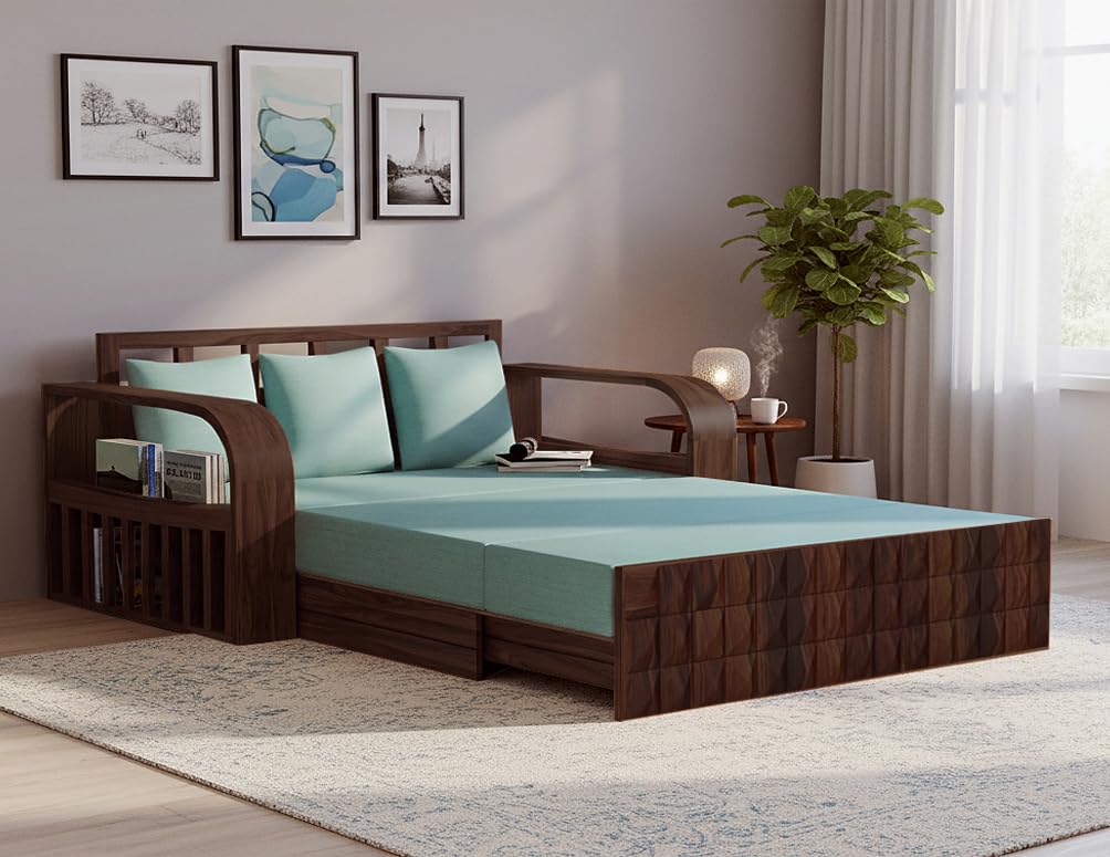 Sheesham Wood Sofa Cum Bed, 3 Seater with Blue Upholstery (75 x69 x30 Inch)