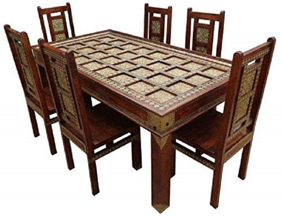Sheesham Wood Brass 6 Seater Dining Table Set Honey Finish