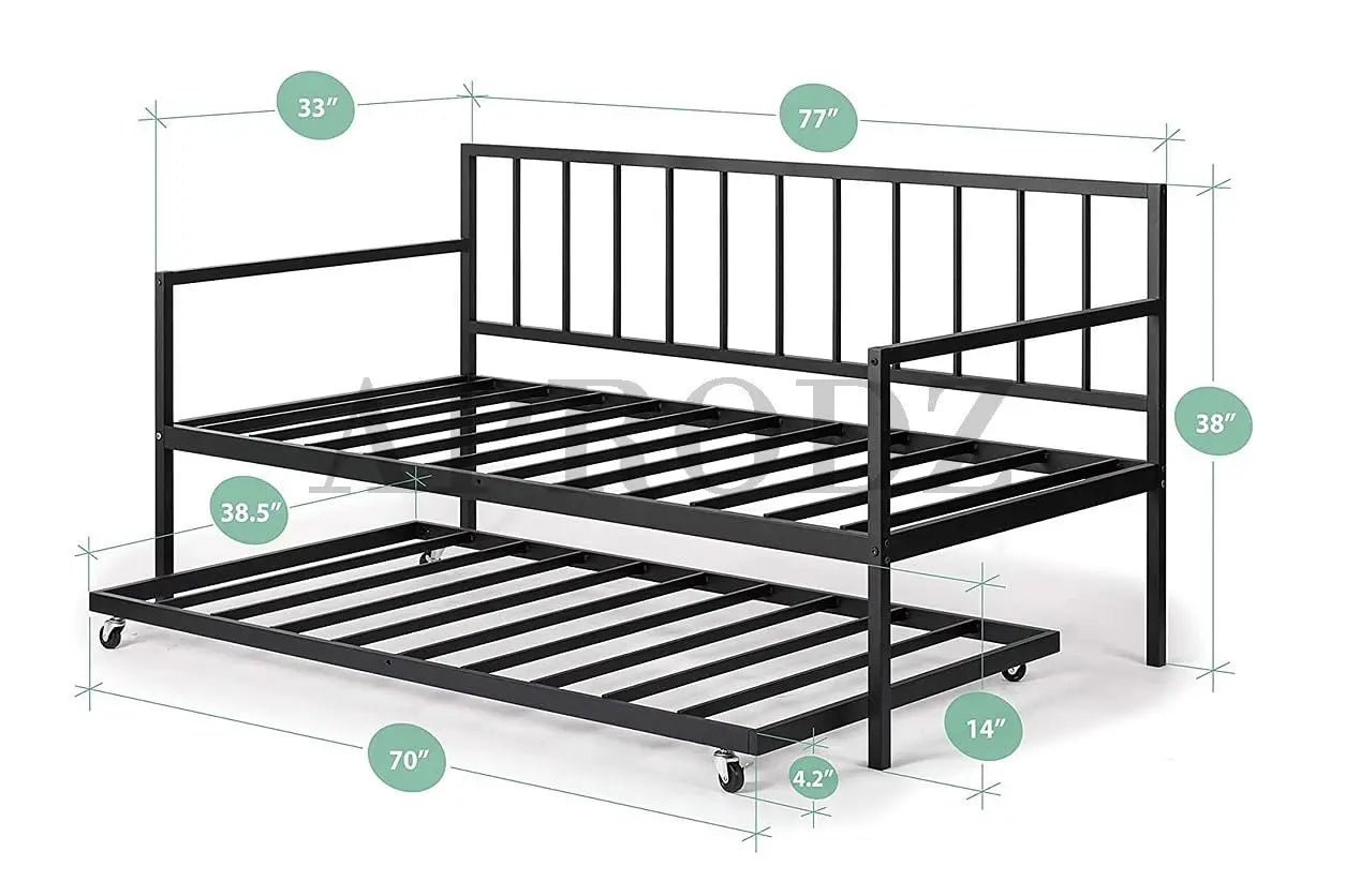 Suniz Twin Size Metal Daybed with Trundle Bed, (Foam Mattress -Metal - Black Powdercoated)