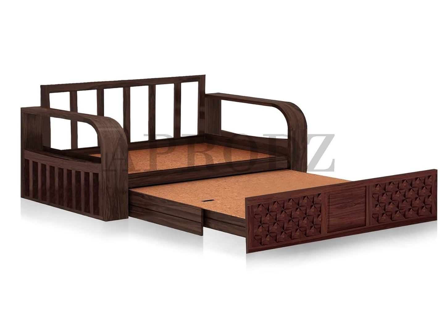 Sheesham Wood Sofa Cum Bed, 3 Seater with Blue Upholstery, Carved Panel Design (75 x69 x30 Inch)