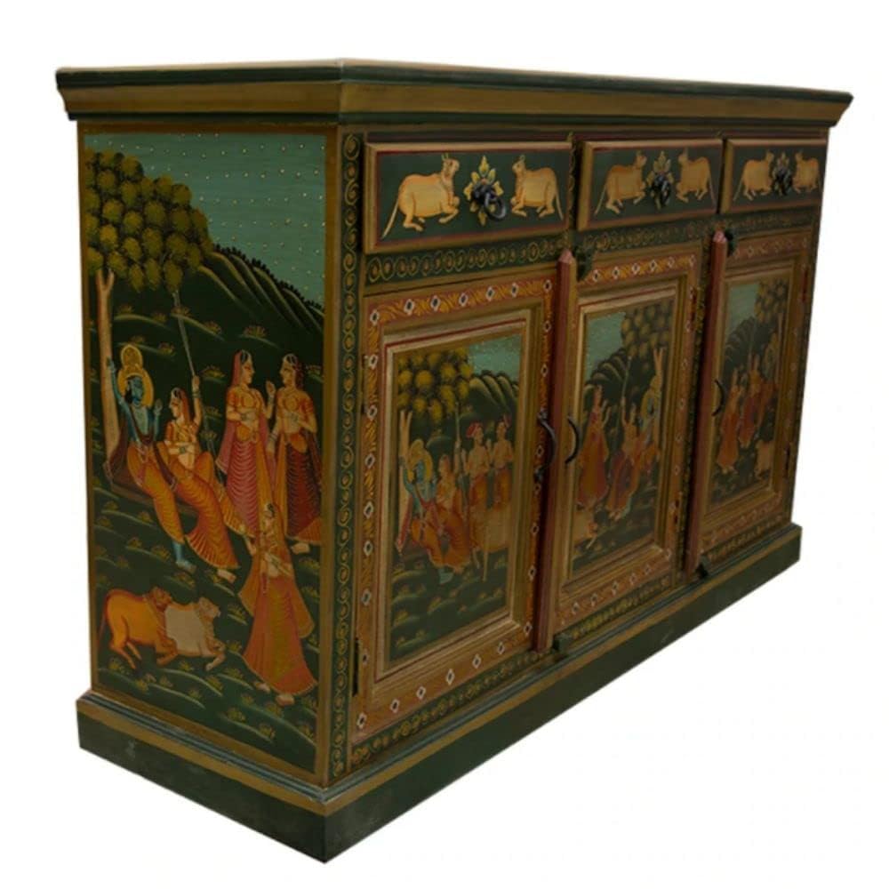 APRODZ Wooden Handpainted Cabinet | Cabinet for Storage Wooden Furniture | Radha Krishna Sideboard | Bedroom | Mango Wood..