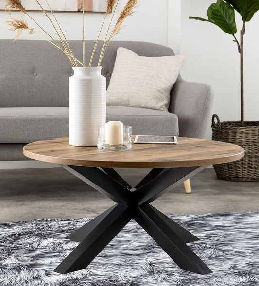 Designer Round Coffee Table | Solid Wood Construction & Stylish Metal Finish