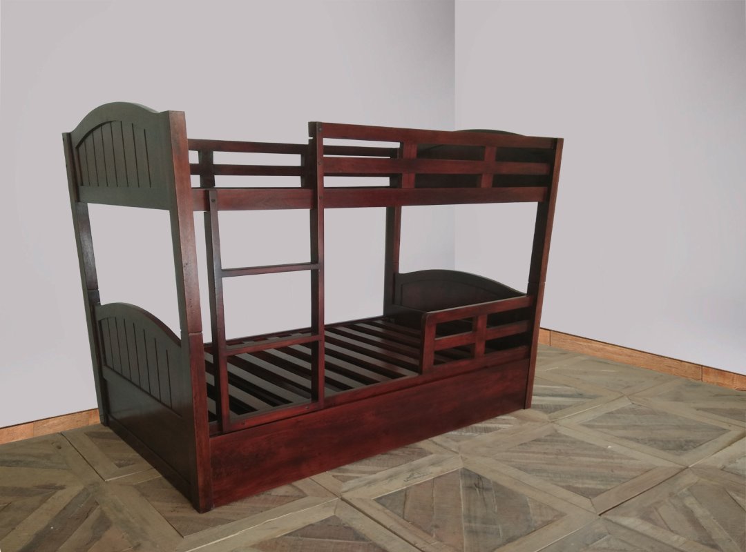 Mango Wood Mingitc Kids Bunk Beds with Trundle for Bedroom | Brown Finish