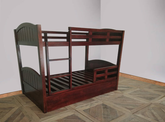 Mango Wood Mingitc Kids Bunk Beds with Trundle for Bedroom | Brown Finish