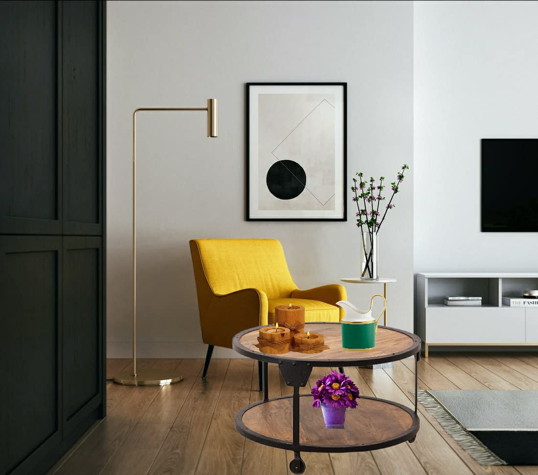 Round Solid Wood Top and Metal Base Wire Type Coffee Table (Mango Wood - Natural + Black Powder Coated)