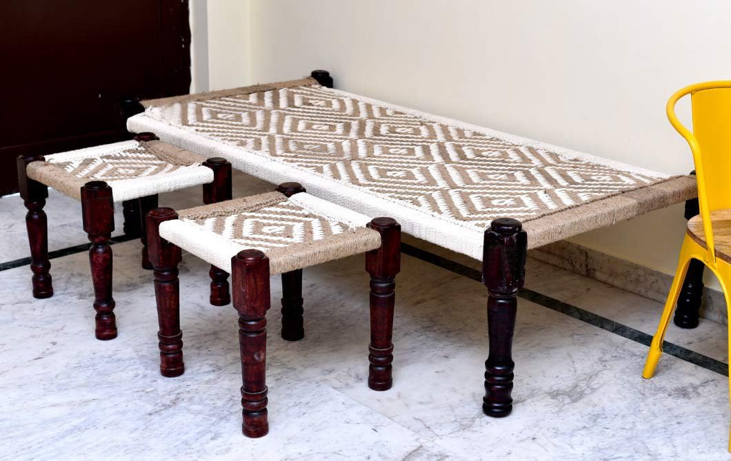 APRODZ Wooden Bench | Colorful Bench for Seating | Sheesham Wood | Cotton Rope | Sitting Bench for Balcony - Home - Garden | Charpai (CRF-2, Medium)
