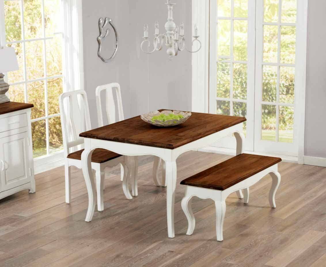 APRODZ Mango Wood Vaughan 4 Seater Dining Table Set for Home | One Bench and 2 Chair Dining Furniture | Brown & White Finish