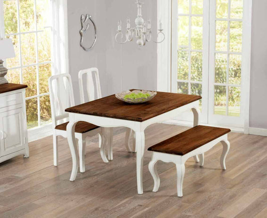 APRODZ Mango Wood Vaughan 4 Seater Dining Table Set for Home | One Bench and 2 Chair Dining Furniture | Brown & White Finish
