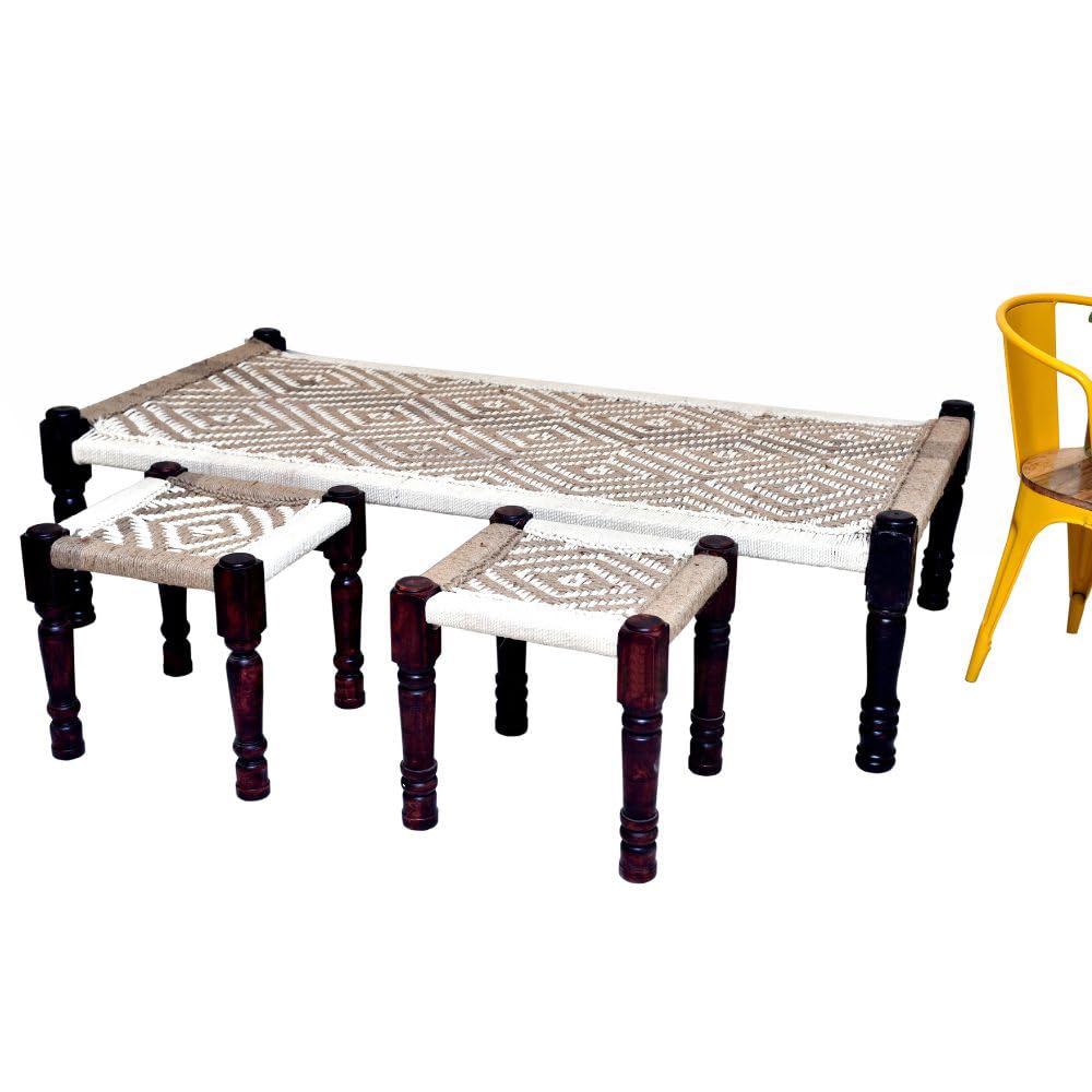 APRODZ Wooden Bench | Colorful Bench for Seating | Sheesham Wood | Cotton Rope | Sitting Bench for Balcony - Home - Garden | Charpai (CRF-2, Medium)