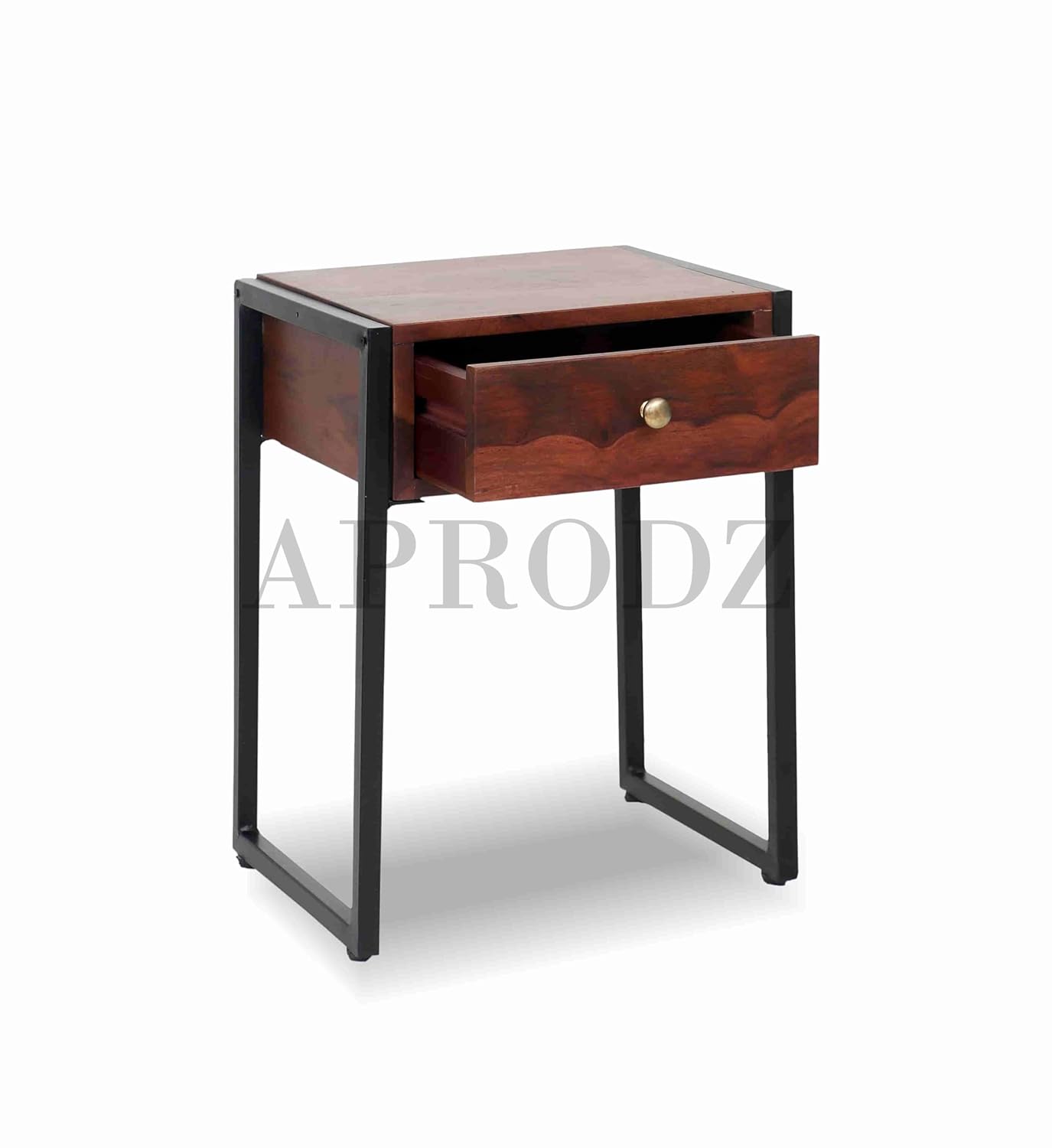 Solid Sheesham Wood and Metal 1 Drawer Bedside Table for Bedoom & Living Room Furniture (Rosewood Finish)