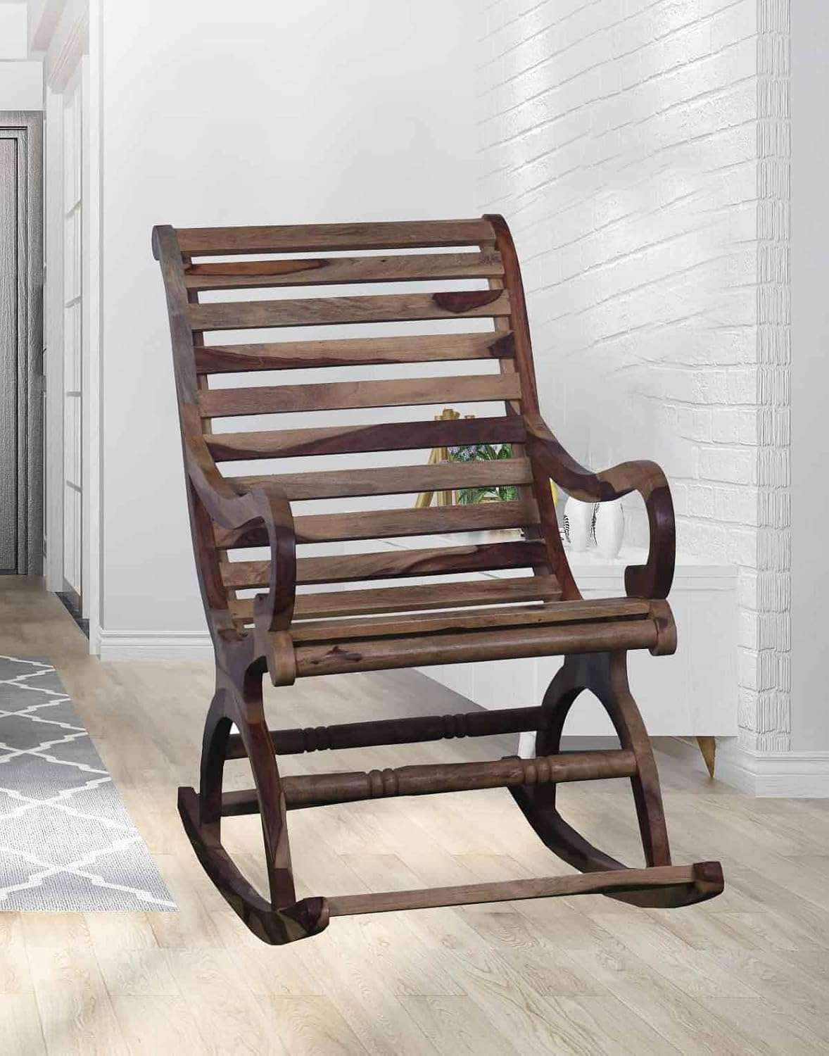 APRODZ Narkali Sheesham Wood Ergonomic Rocking Chair with Cushion (Wood Finish)