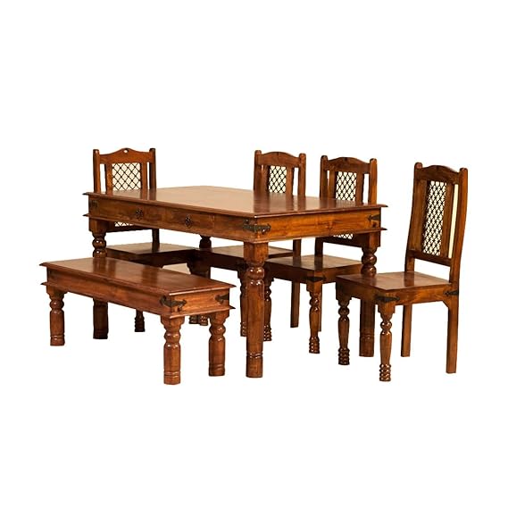 Sheesham Wood Reyk 6 Seater Dining Table Set with 1 Bench & 4 Chairs for Home Dining Room Furniture (Brown Finish)