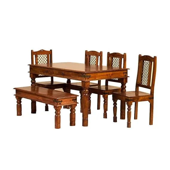 Sheesham Wood Reyk 6-Seater Dining Table Set with Bench & Chairs – Brown Finish
