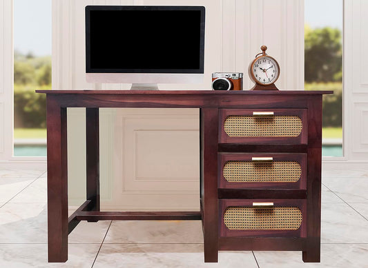 Sheesham Wood and Cane Office Desk Study Computer Table for Study Room with 1 Drawer and 1 Door (Rosewood - Mahogany)