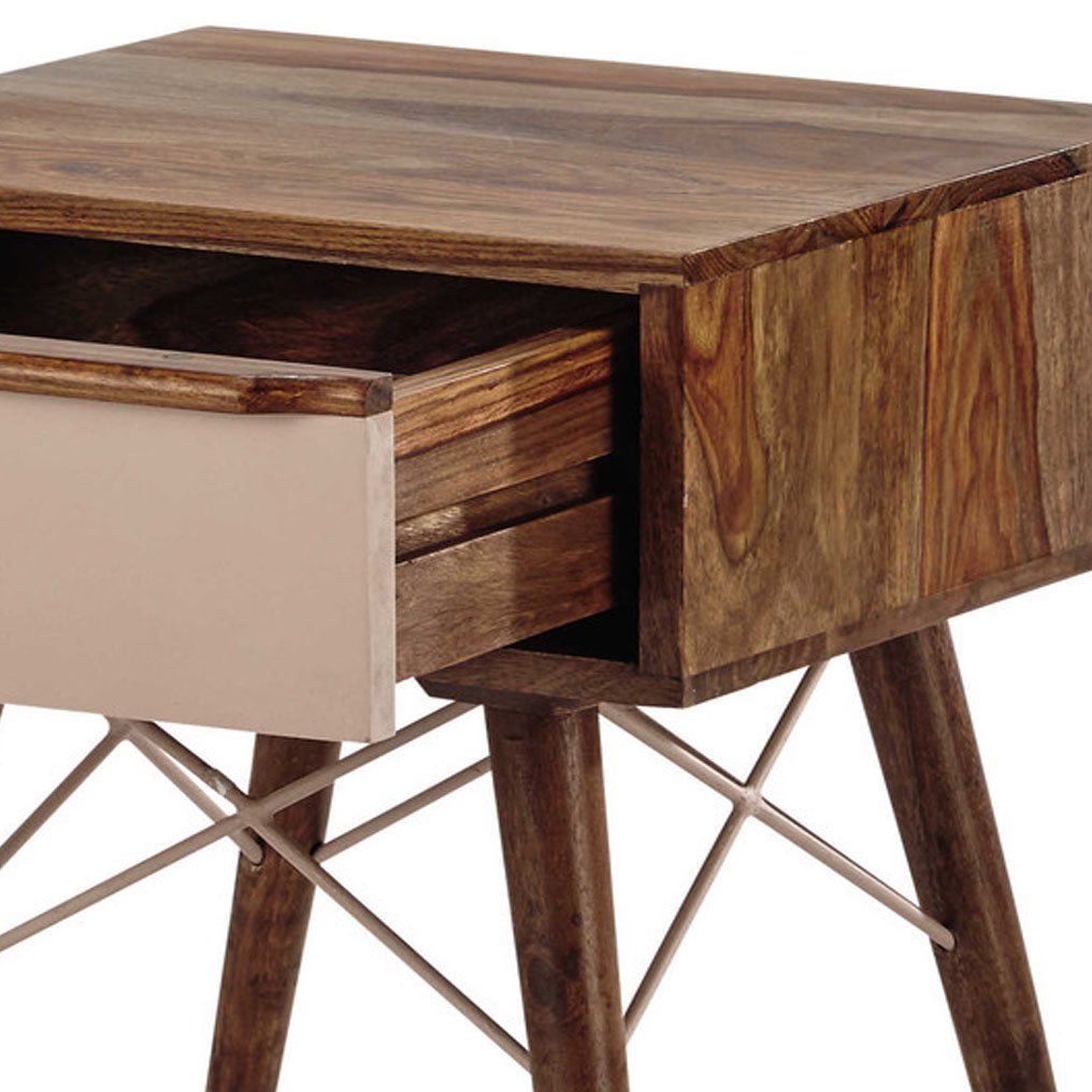 Sheesham Wood Huacho One Drawer Selves Bedside Storage Table for Bedroom | Brown Finish