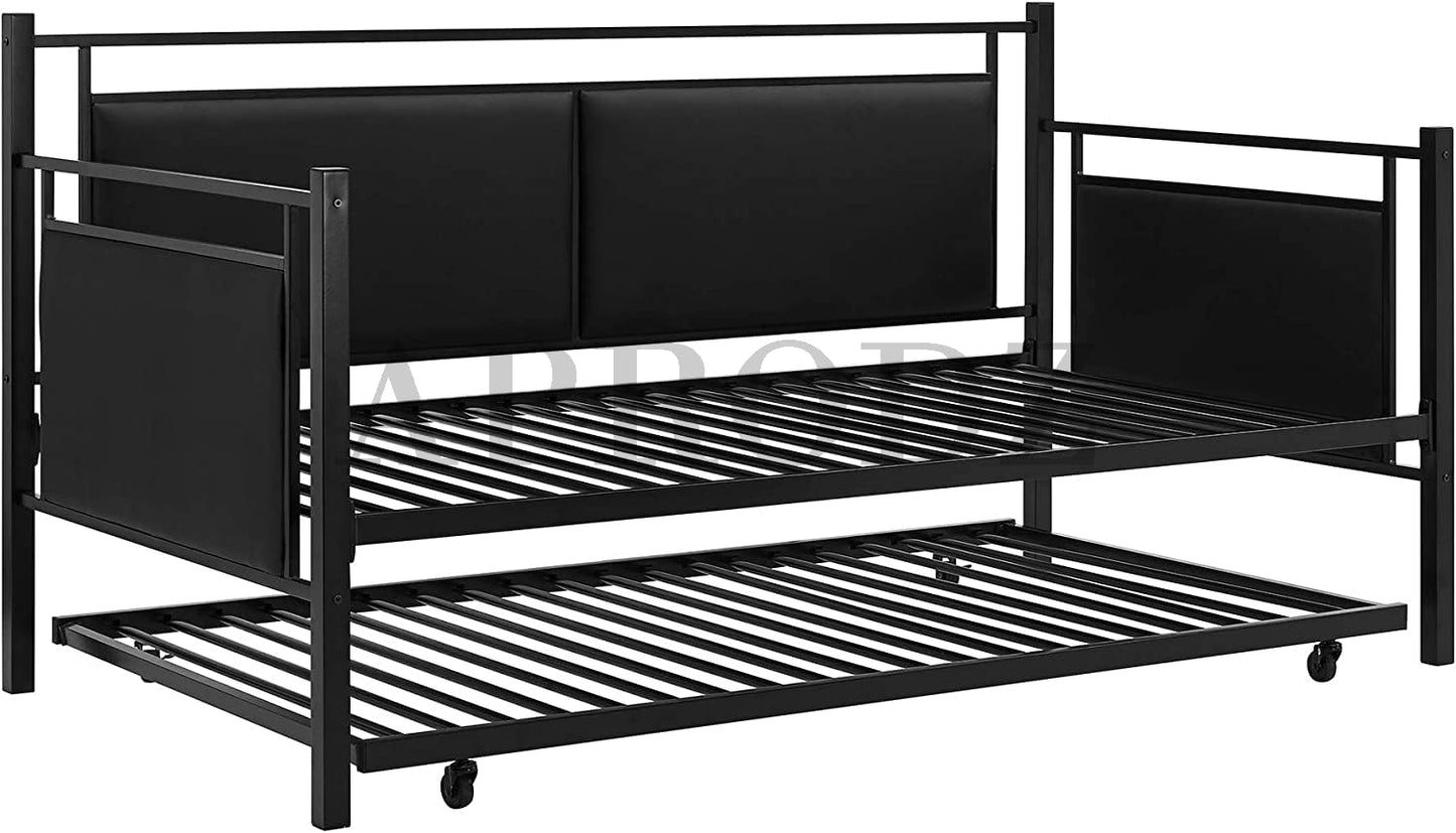 APRODZ Surte Twin Size Metal Daybed with Trundle Bed, (Mattress Included-Metal - Black Powdercoated)