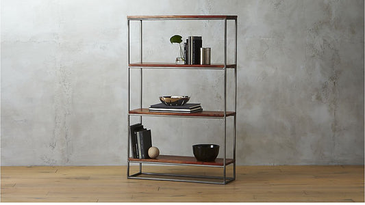 Solid Wood and Steel Steelo 4 Tier Bookcase for Living Room | Book Rack | Brown Finish