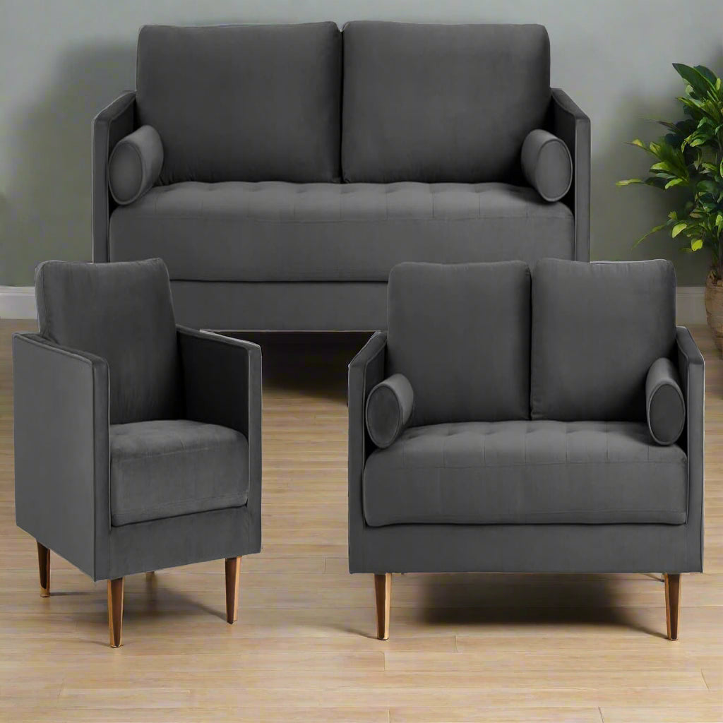 APRODZ MidCen Wooden 6 Seater 3+2+1 Sofa Set with Comfortable High-Density Foam for Living Room (Upholstered- Gray Velvet Fabric)