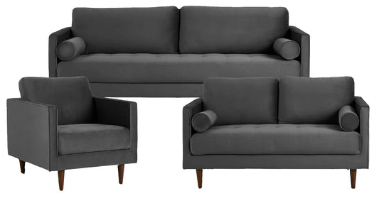 MidCen Wooden 6 Seater 3+2+1 Sofa Set with Comfortable High-Density Foam for Living Room (Upholstered- Gray Velvet Fabric)