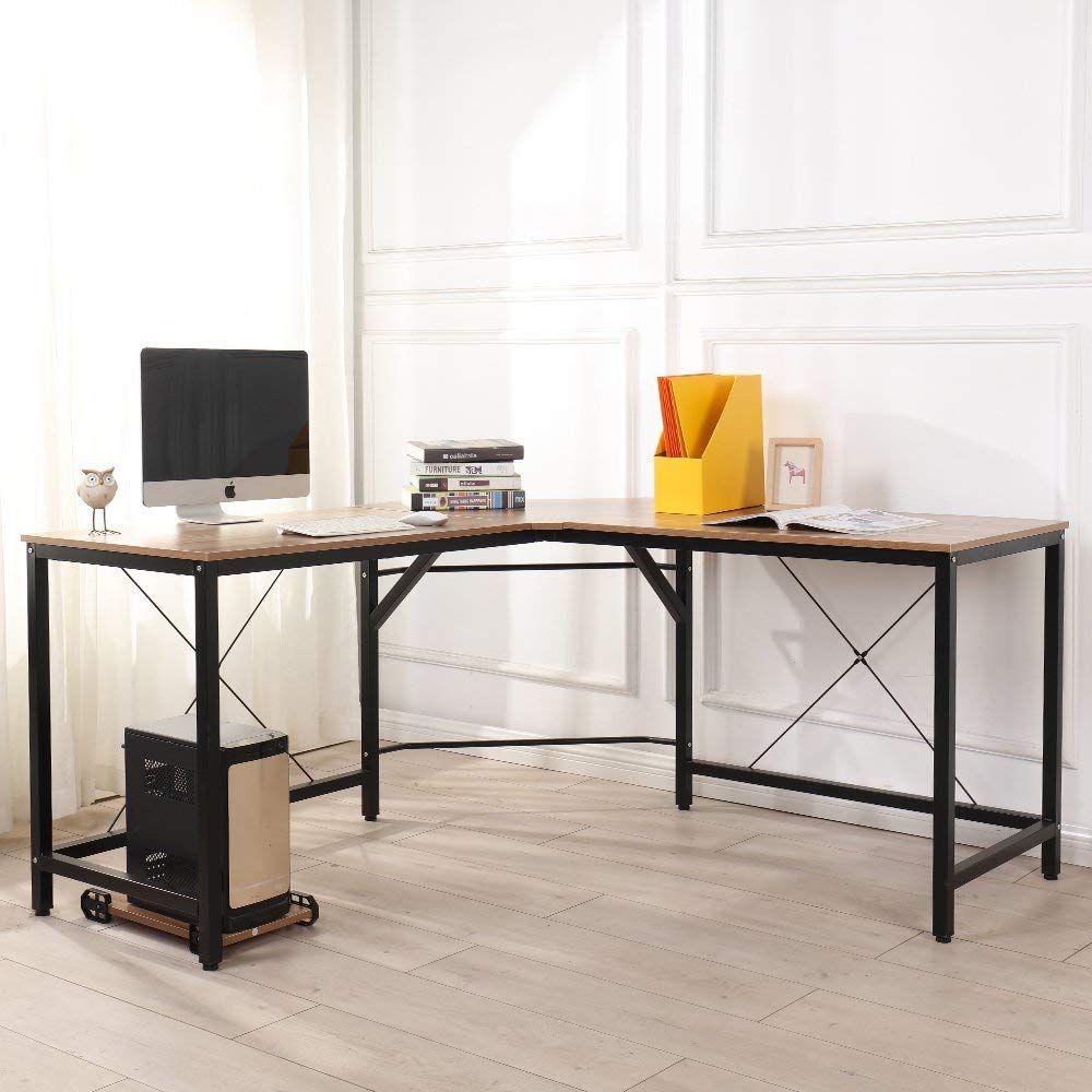Aprodz Duane 59 x 59 inches Large L-Shaped Desk Computer Desk L Desk Office Desk Workstation Desk, Oak