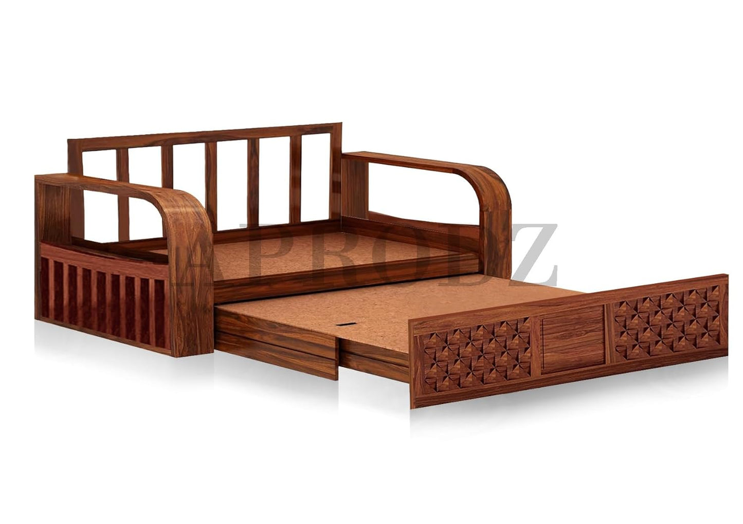 Sheesham Wood Sofa Cum Bed, 3 Seater with Blue Upholstery, Carved Panel Design (75 x69 x30 Inch)