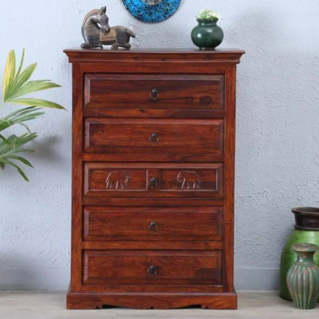 Wooden Storage Cabinet in Elephant Carved Design | Chest of 5 Drawers for Living Room | Sheesham Wood | Mahagony Finish