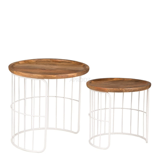 APRODZ Round Auxiliary Solid Wood and Metal Nesting Table (Mango Wood - Natural + White Powder Coated)