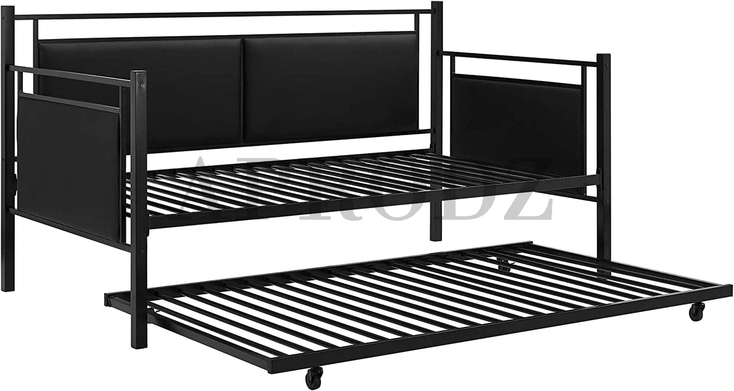 APRODZ Surte Twin Size Metal Daybed with Trundle Bed, (Mattress Included-Metal - Black Powdercoated)