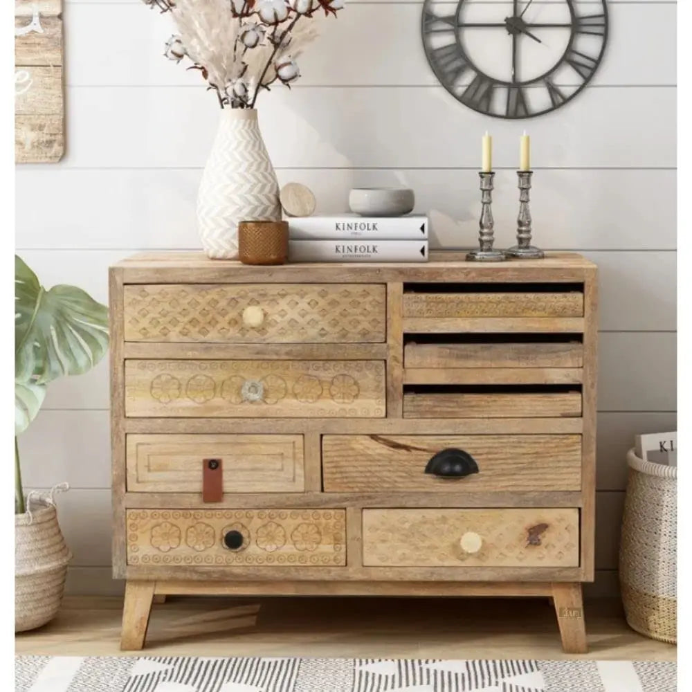 APRODZ Wooden Carved Chest of Drawers | Wooden Cabinet for Bedroom | Wooden Cabinet with Drawers | Wooden Classic Sideboard | Mango Wood | Natural Finish