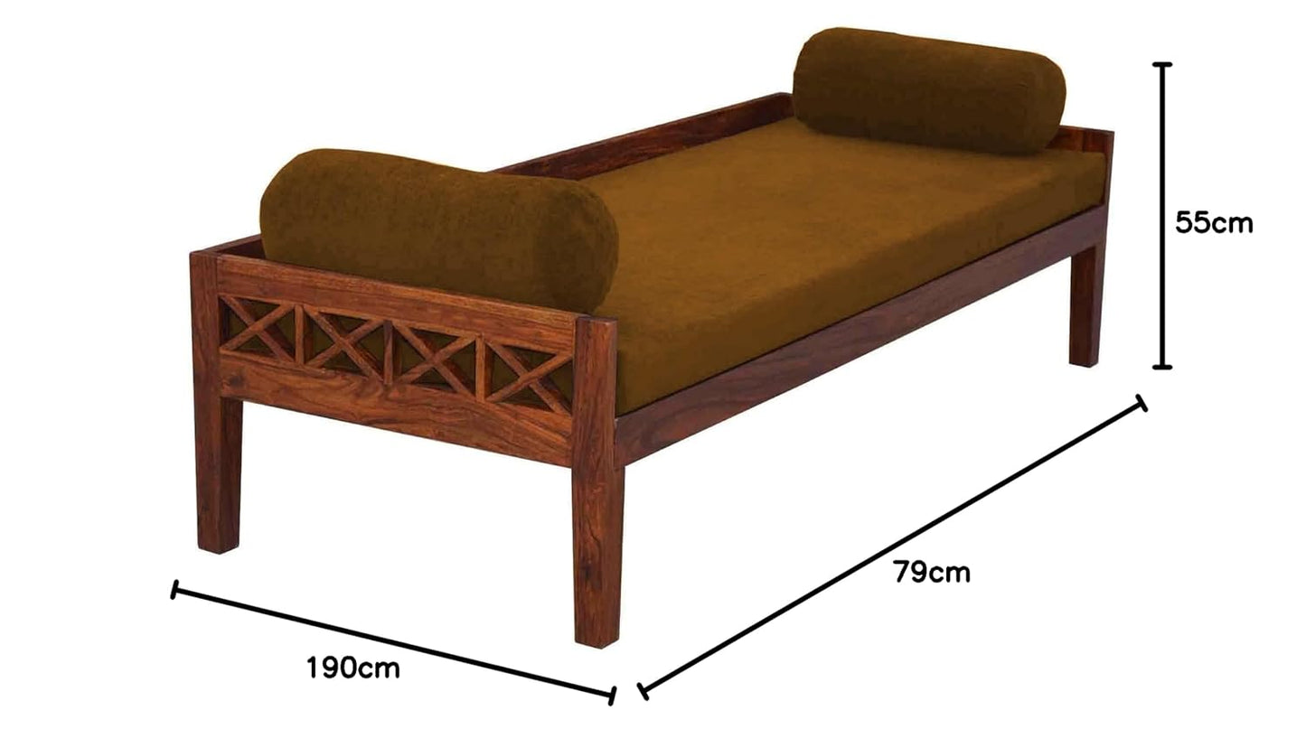 Solid Mango Wood Dewan Sofa Bed with Cushion for Living Room Hall (Solid Wood - Ochre Yellow Fabric + Teak)