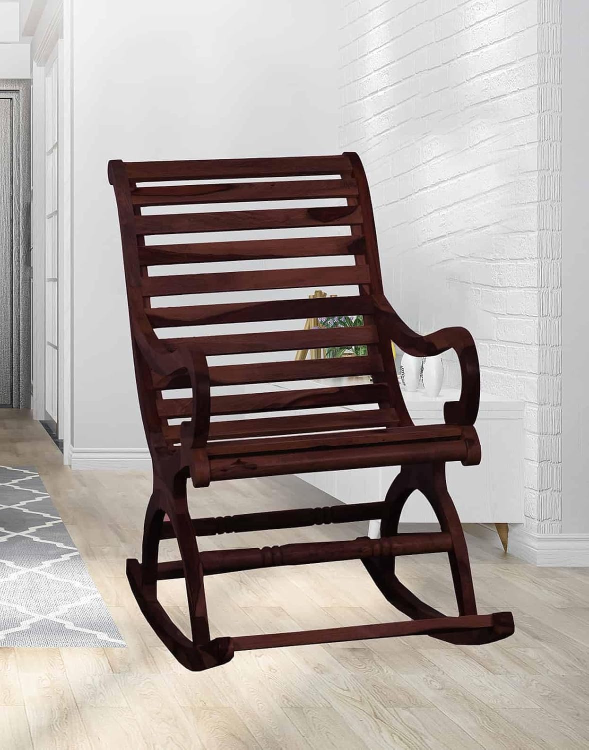 Narkali Sheesham Wood Ergonomic Rocking Chair with Cushion (Wood Finish)
