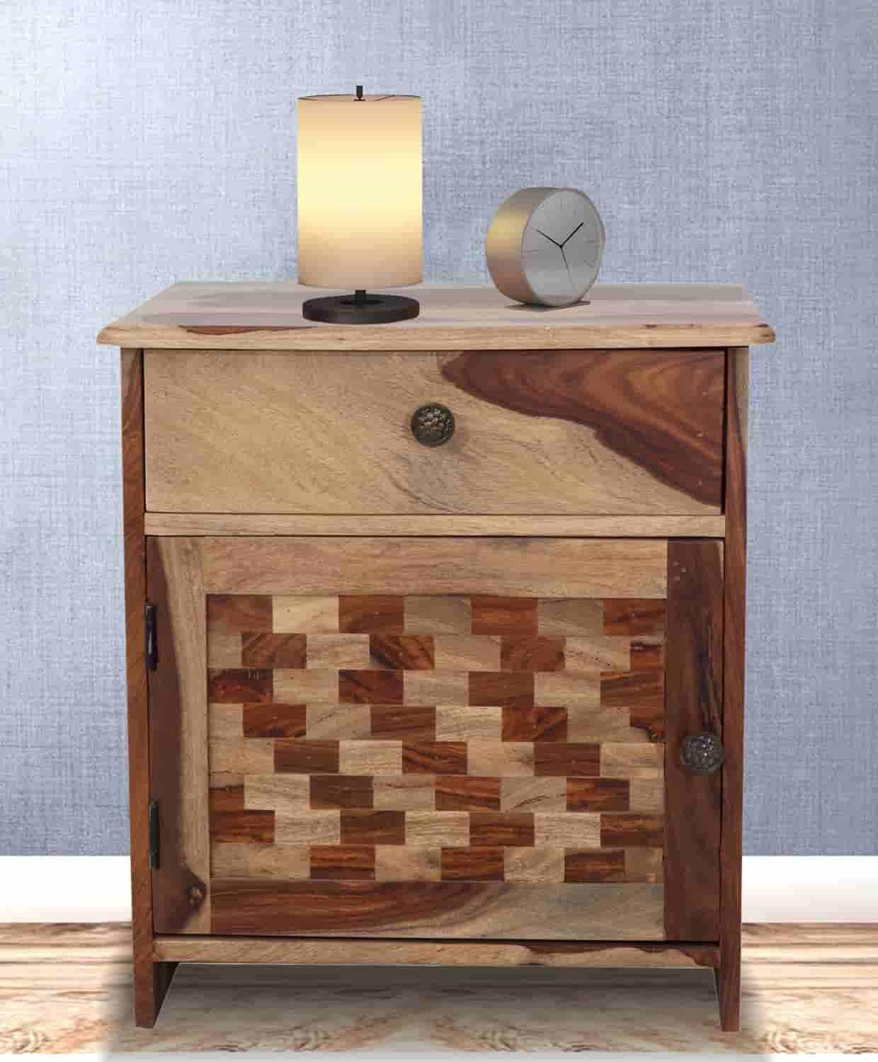 Solid Sheesham Wood Night Stand | End Table Tile Design 1 Drawer and 1 Door Bedside for Bedroom & Living Room (Natural)
