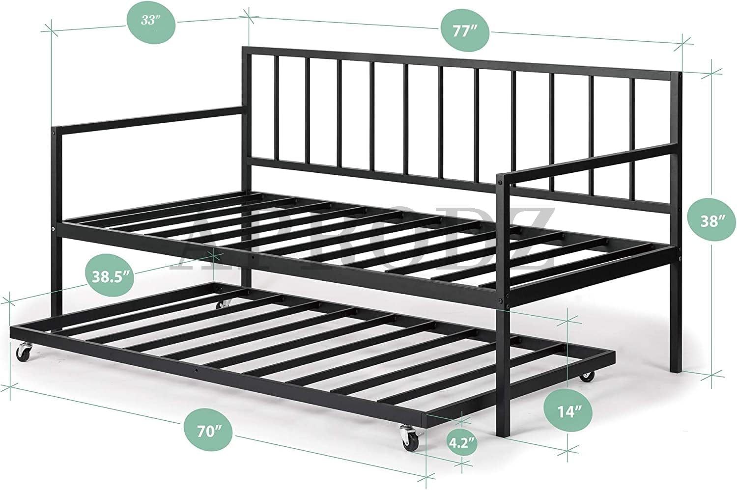 APRODZ Suniz Twin Size Metal Daybed with Trundle Bed, (Mattress Included-Metal - Black Powdercoated)