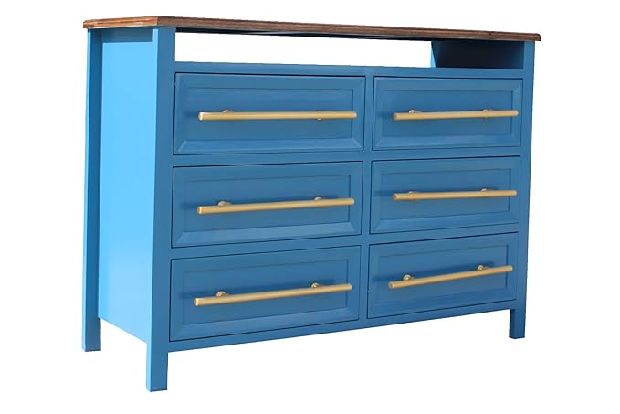 Mango Wood Storage Cabinet Marceio Chest of 6 Drawers Furniture for Living Room | Medium Blue Finish